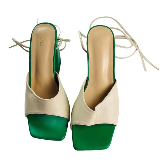Chic Cream and Green Women's Block Heel Sandals - Picture 4 of 7